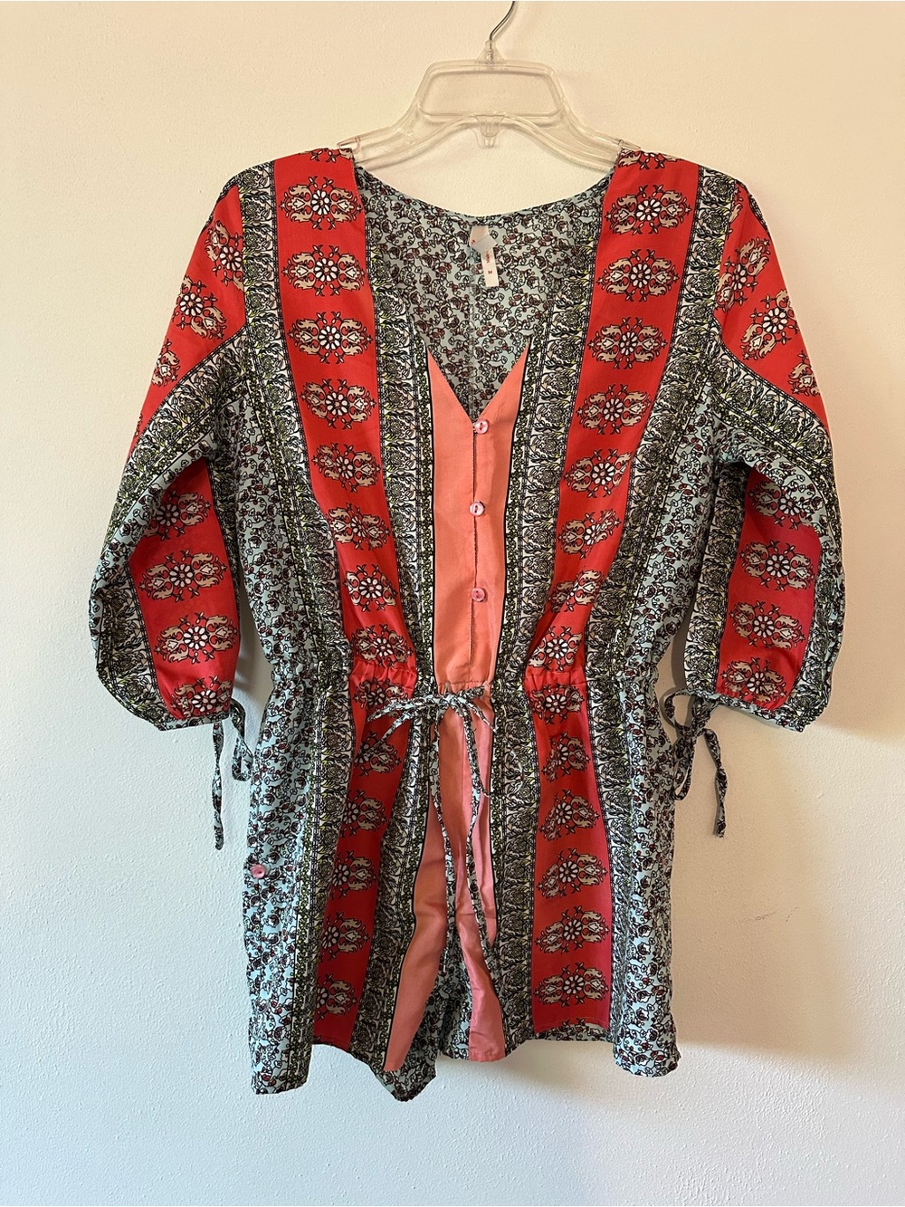 True Destiny Coral & Red Patterned Button-Front romper with waist tie size M